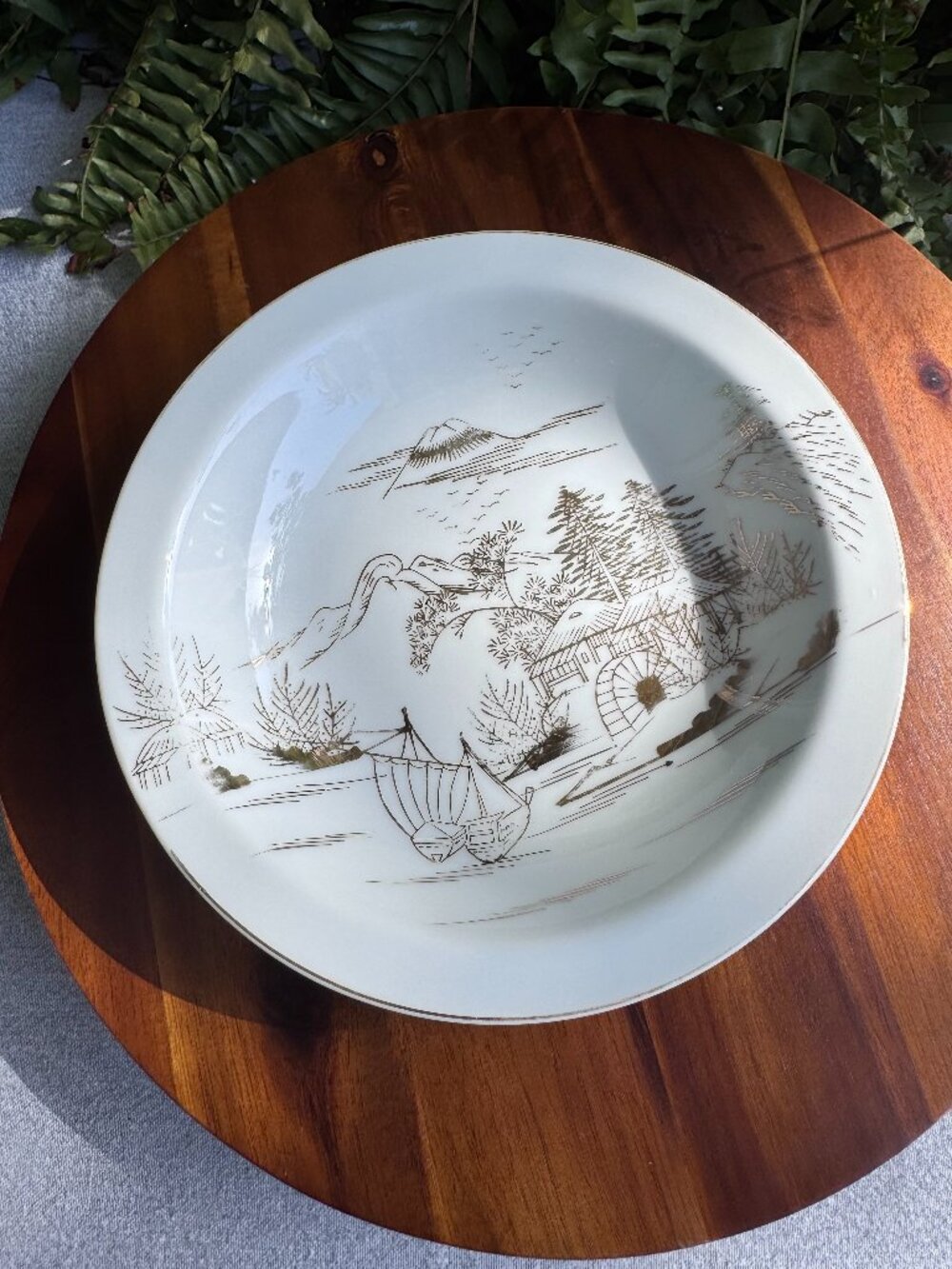Vintage Kutani Porcelain Gold Soup Plate with Mount Fuji Landscape
